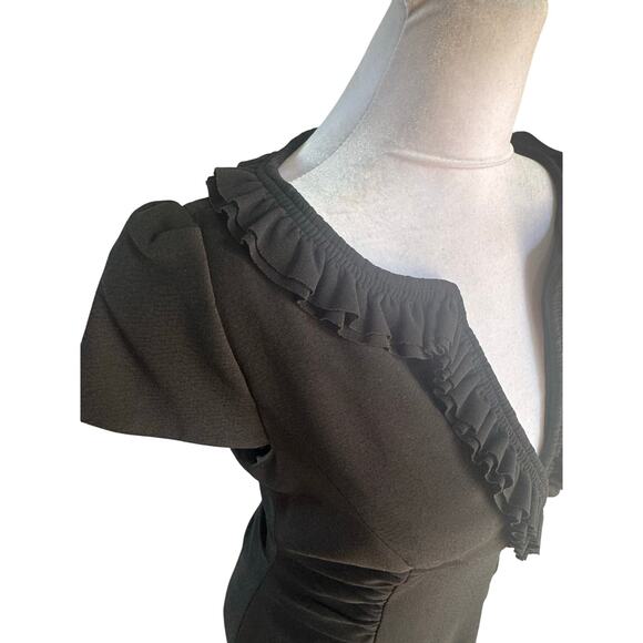 Kay Unger New York Black Hourglass Ruffle V Neck Coctail Dress 6 LBD Medium euc - Picture 4 of 11
